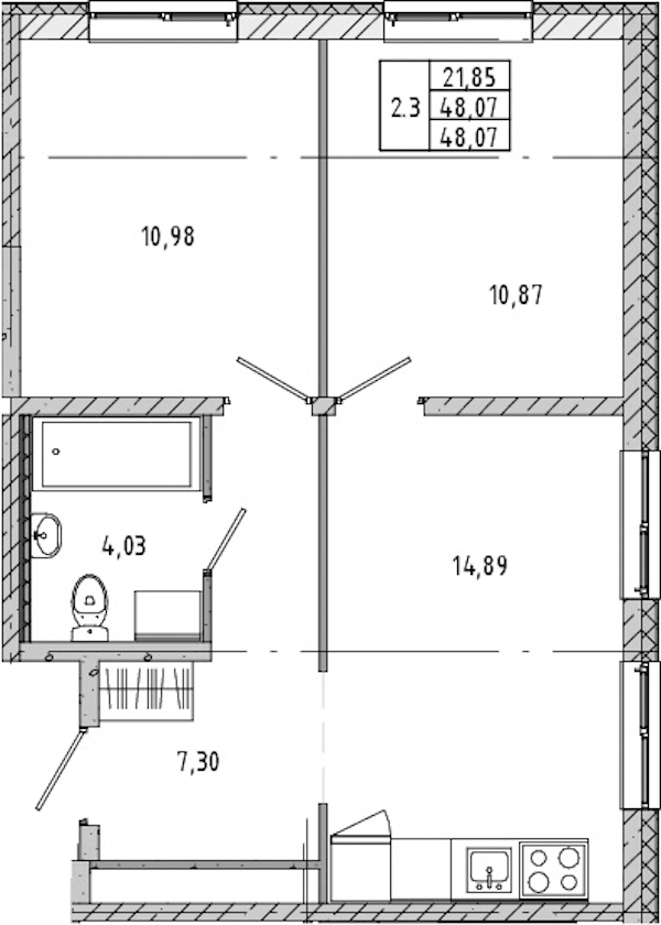 2-комнатная квартира 48.49 м², 2/21 эт., ЖК «Новые горизонты 2»